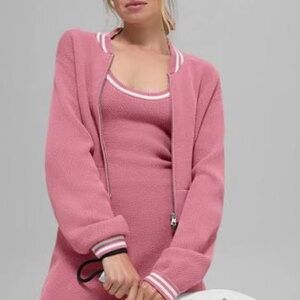 ALO Yoga Tennis Sweater Knit Full Zip Jacket In Pink Wild Rose/White